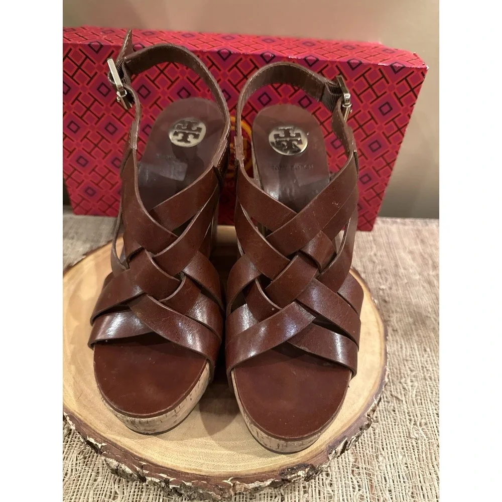 Tory Burch Ace Women's Brown Sienna Leather Buckle Wedge High Heel Sandals 8.5‎